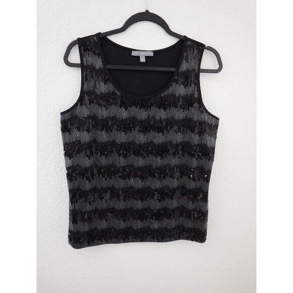 NY Collection Women's Top Sequined Striped Sleeveless Shell Tank Silver Black L - Picture 1 of 6